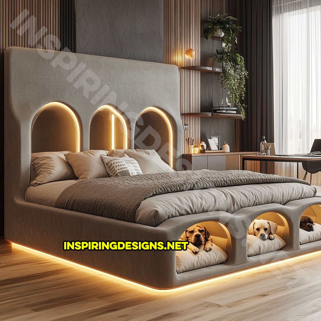 bed frame with built-in dog bed pods in a dark grey color