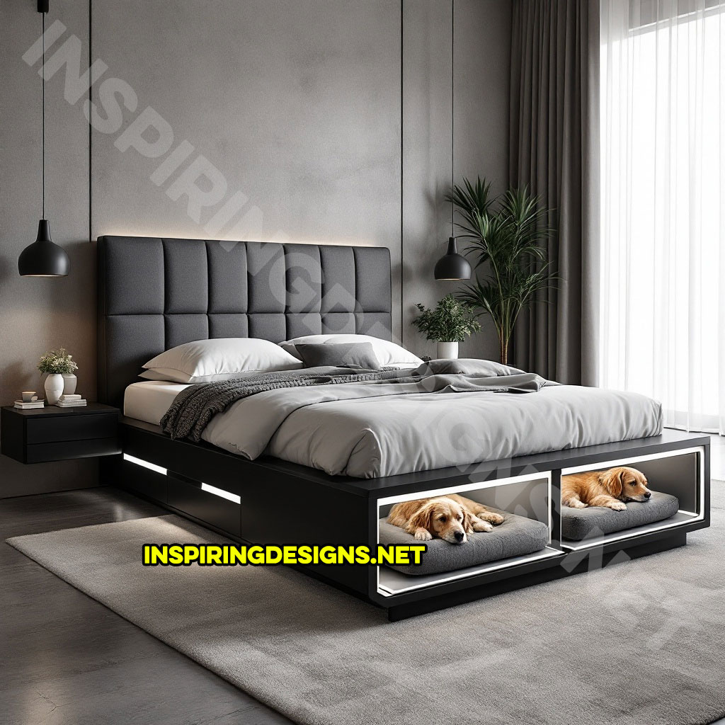 bed frame with built-in dog bed pods in a black color