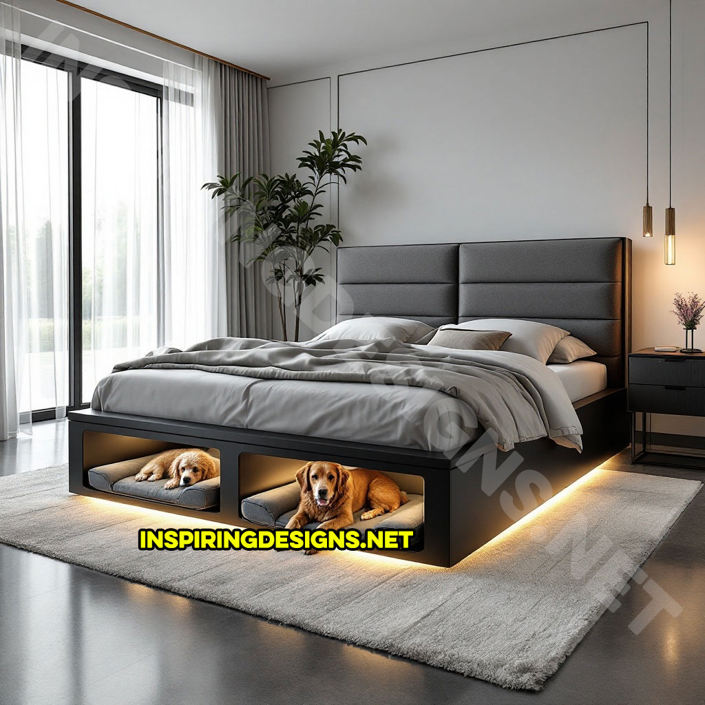 bed frame with built-in dog bed pods in a black color palette design