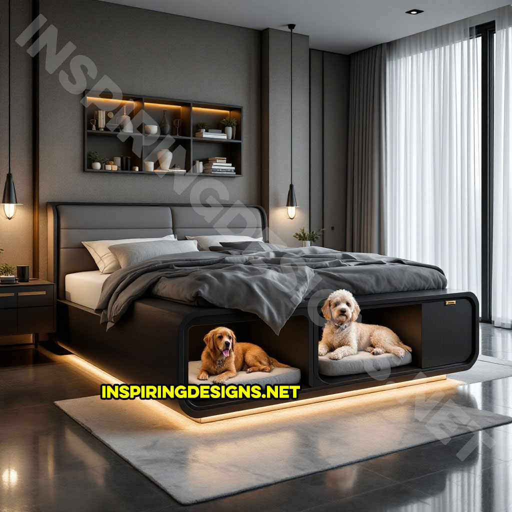 bed frame with built-in dog bed pods in a black color