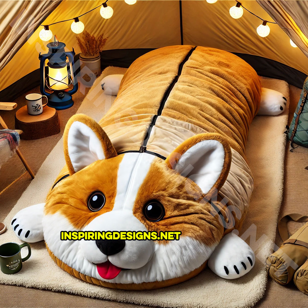 dog shaped sleeping bag in a corgi design