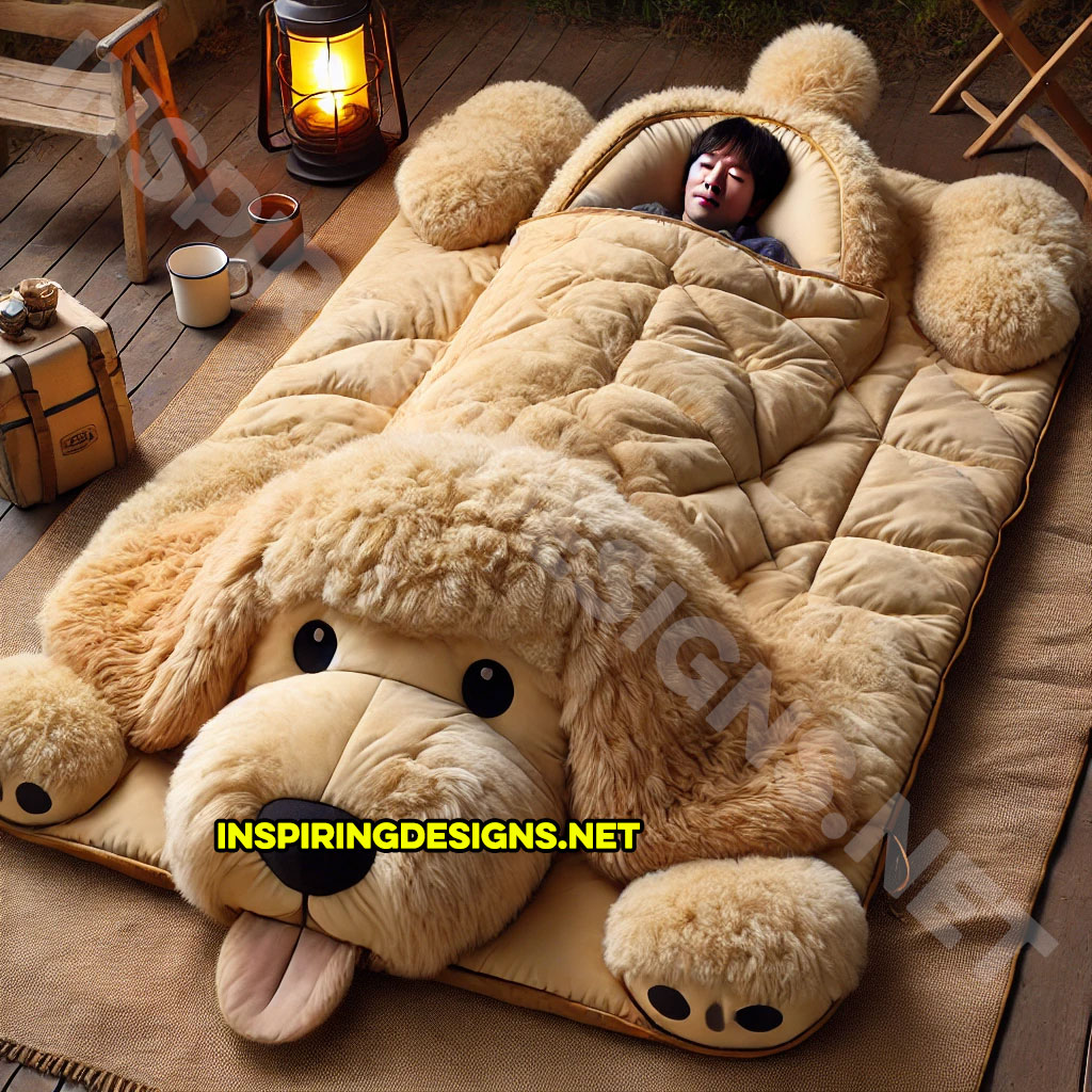 dog shaped sleeping bag in a Labradoodle design