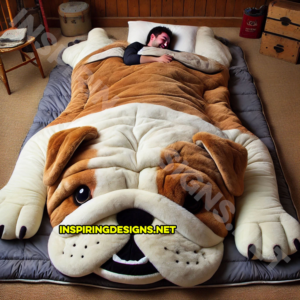 dog shaped sleeping bag in a English Bulldog design