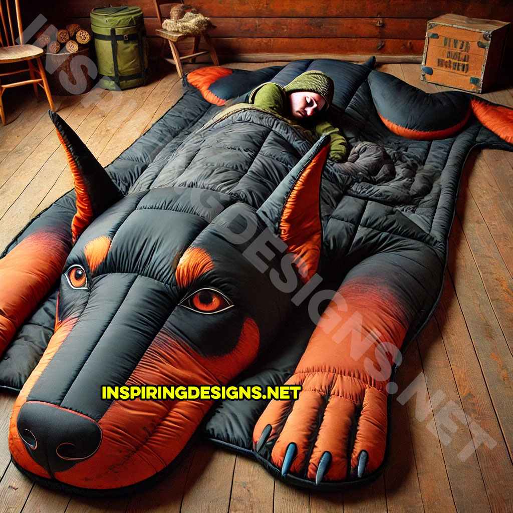 dog shaped sleeping bag in a Doberman Pincher design