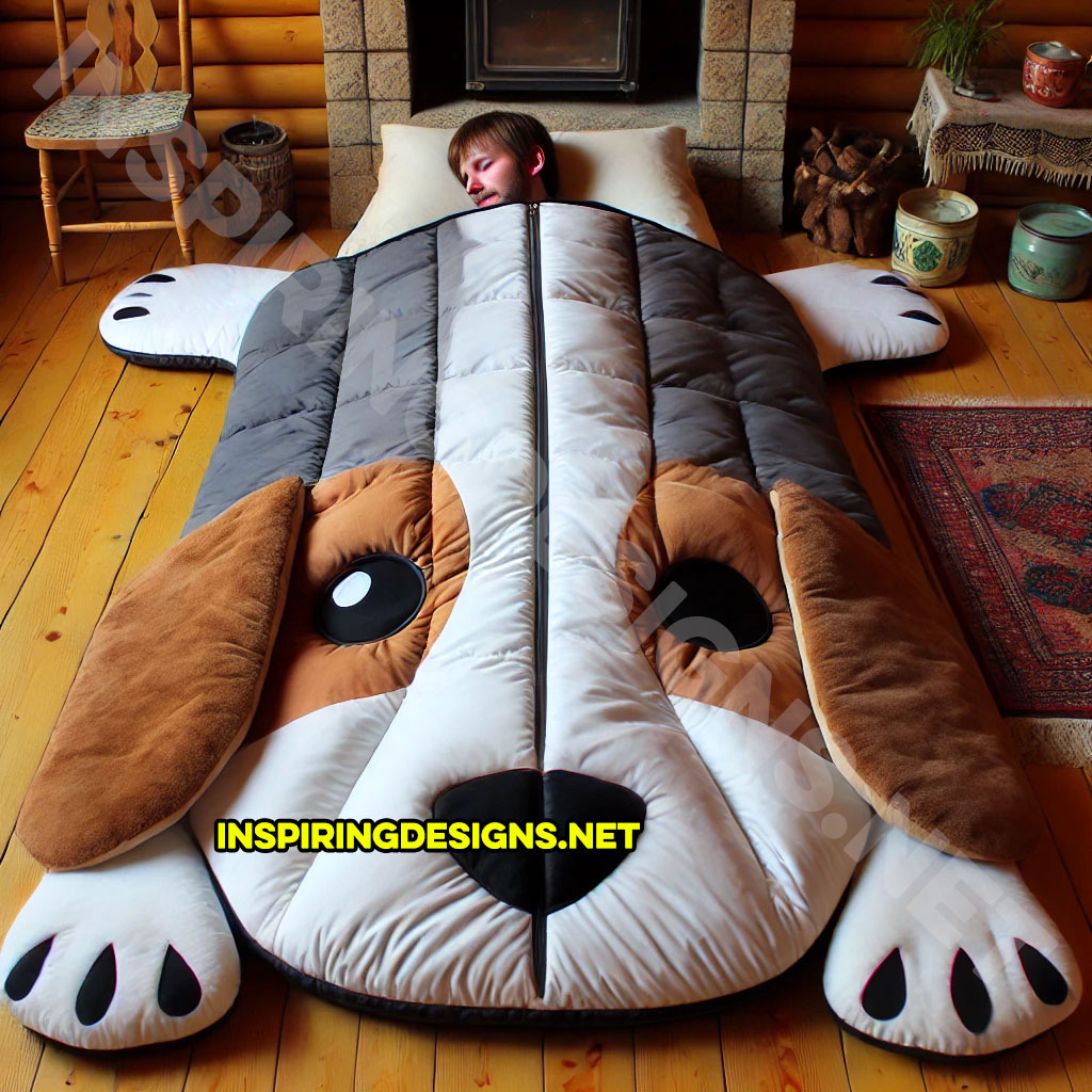 dog shaped sleeping bag in a beagle design