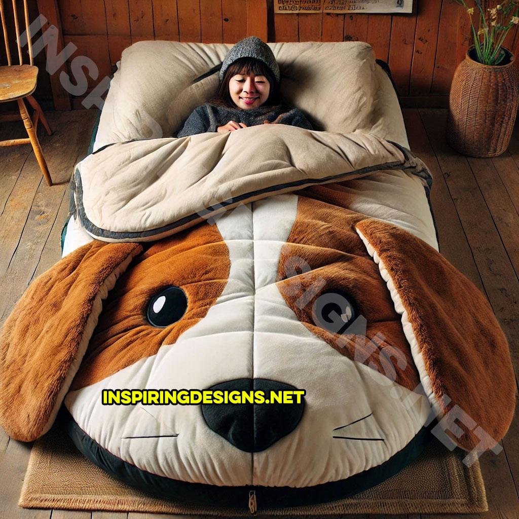 dog shaped sleeping bag in a beagle design