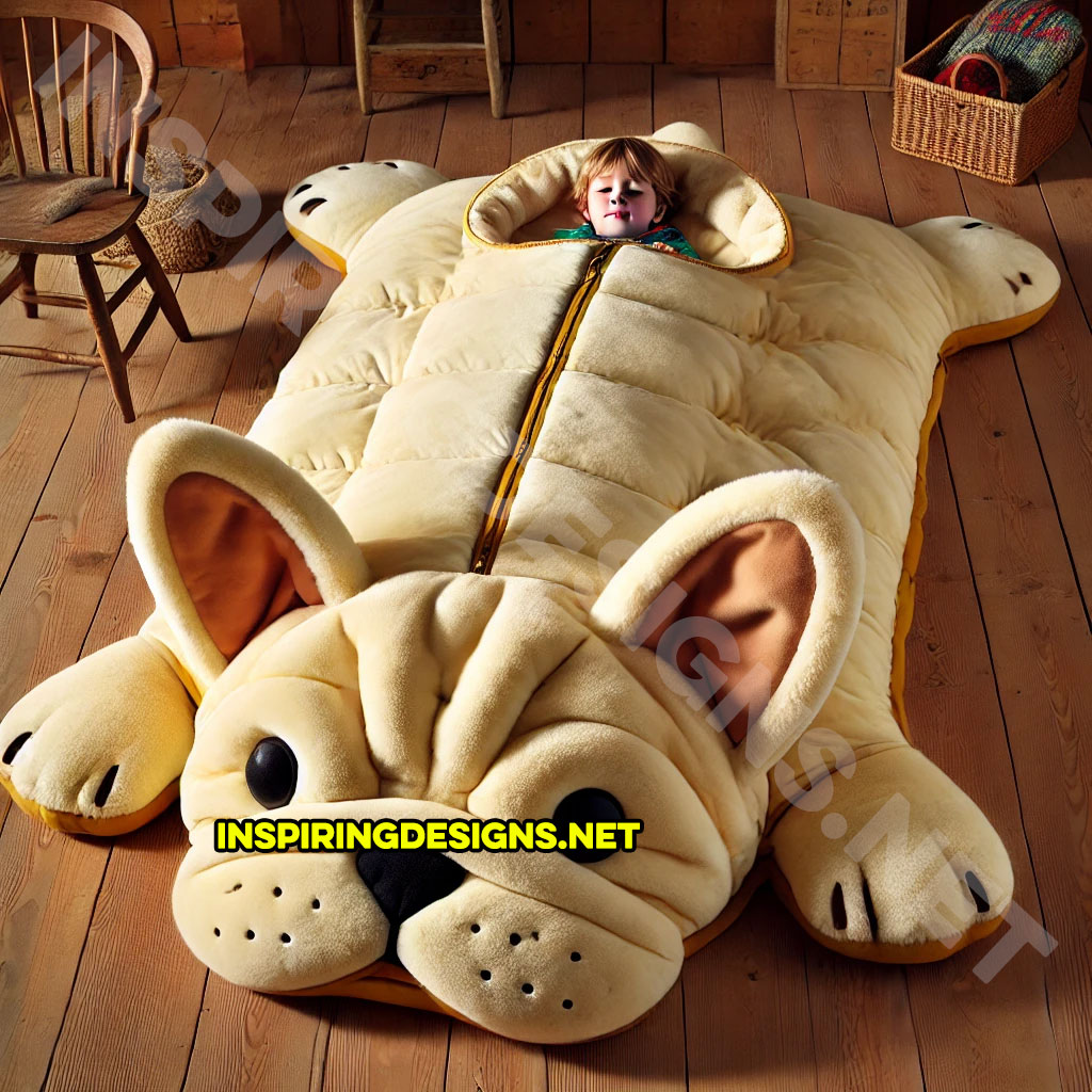 dog shaped sleeping bag in a French Bulldog design