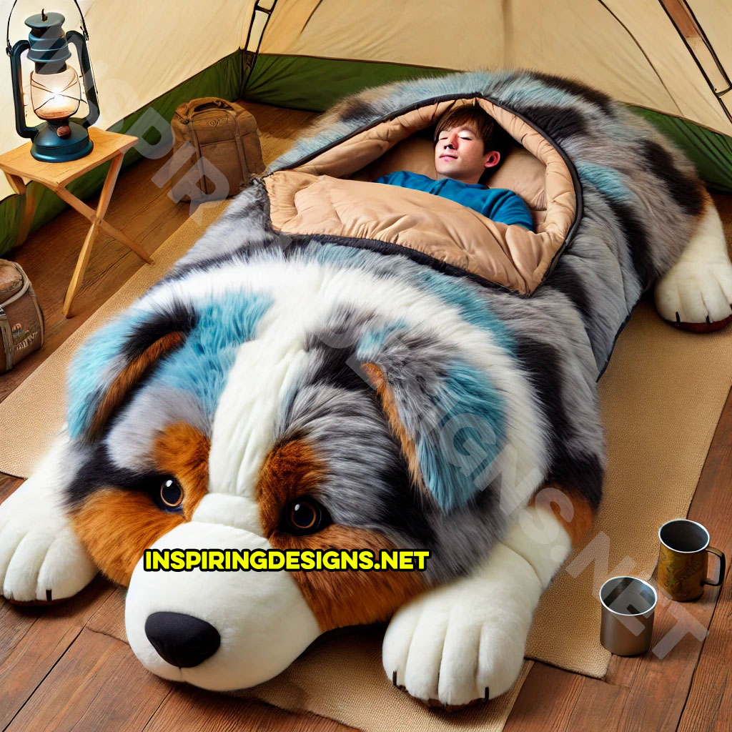 dog shaped sleeping bag in an Australian Shepherd design