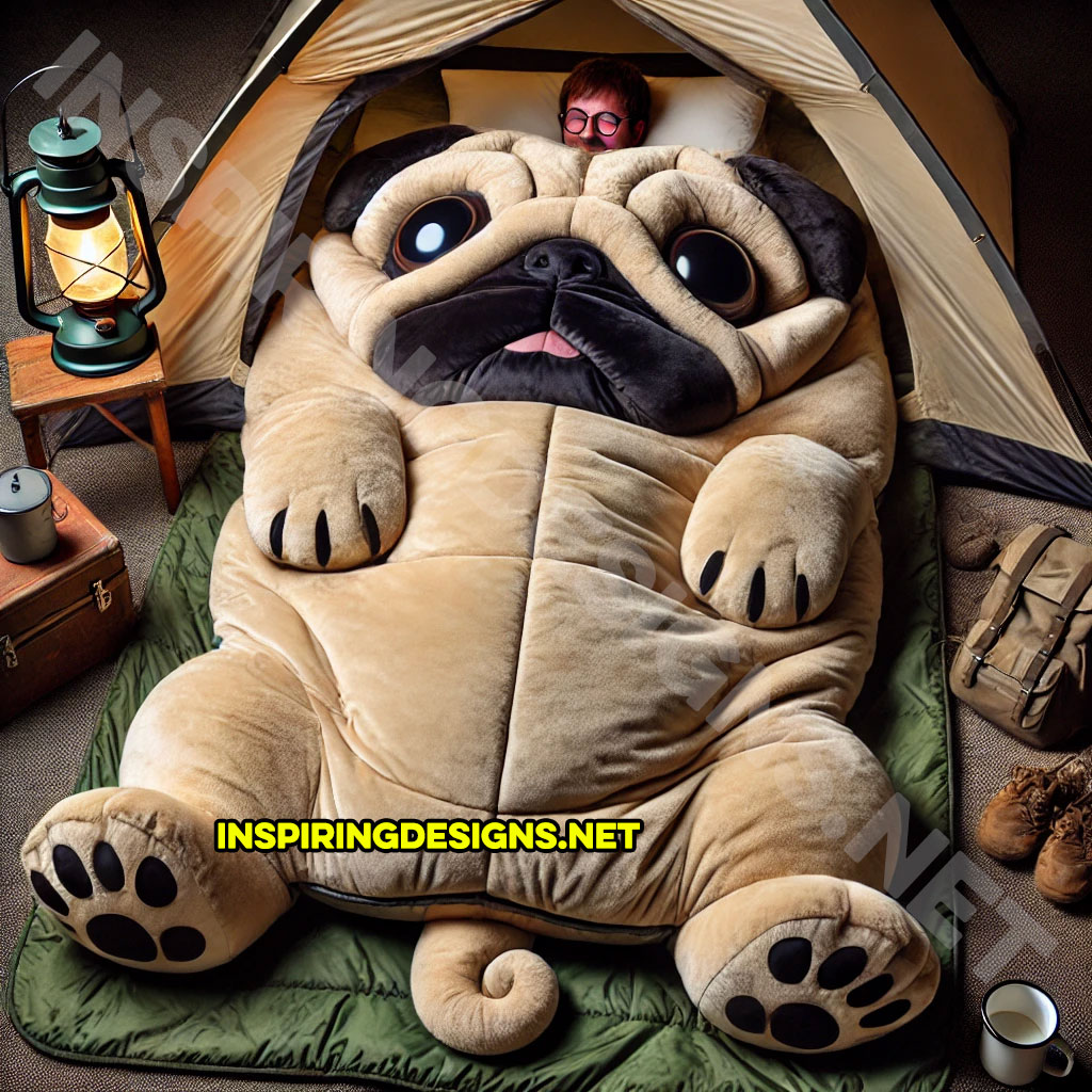 dog shaped sleeping bag in a pug design