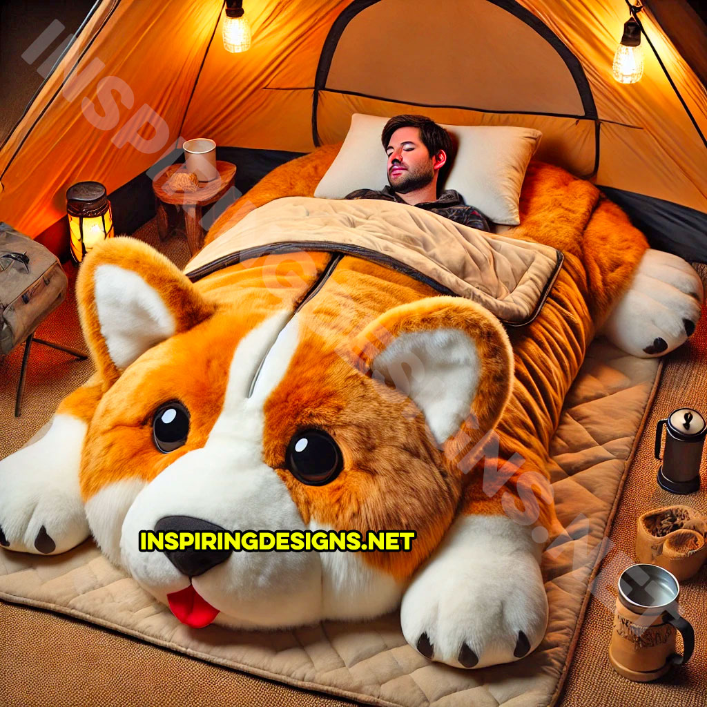 dog shaped sleeping bag in a corgi design