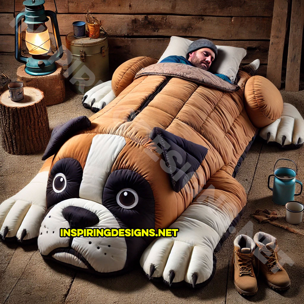 dog shaped sleeping bag in a Boxer design