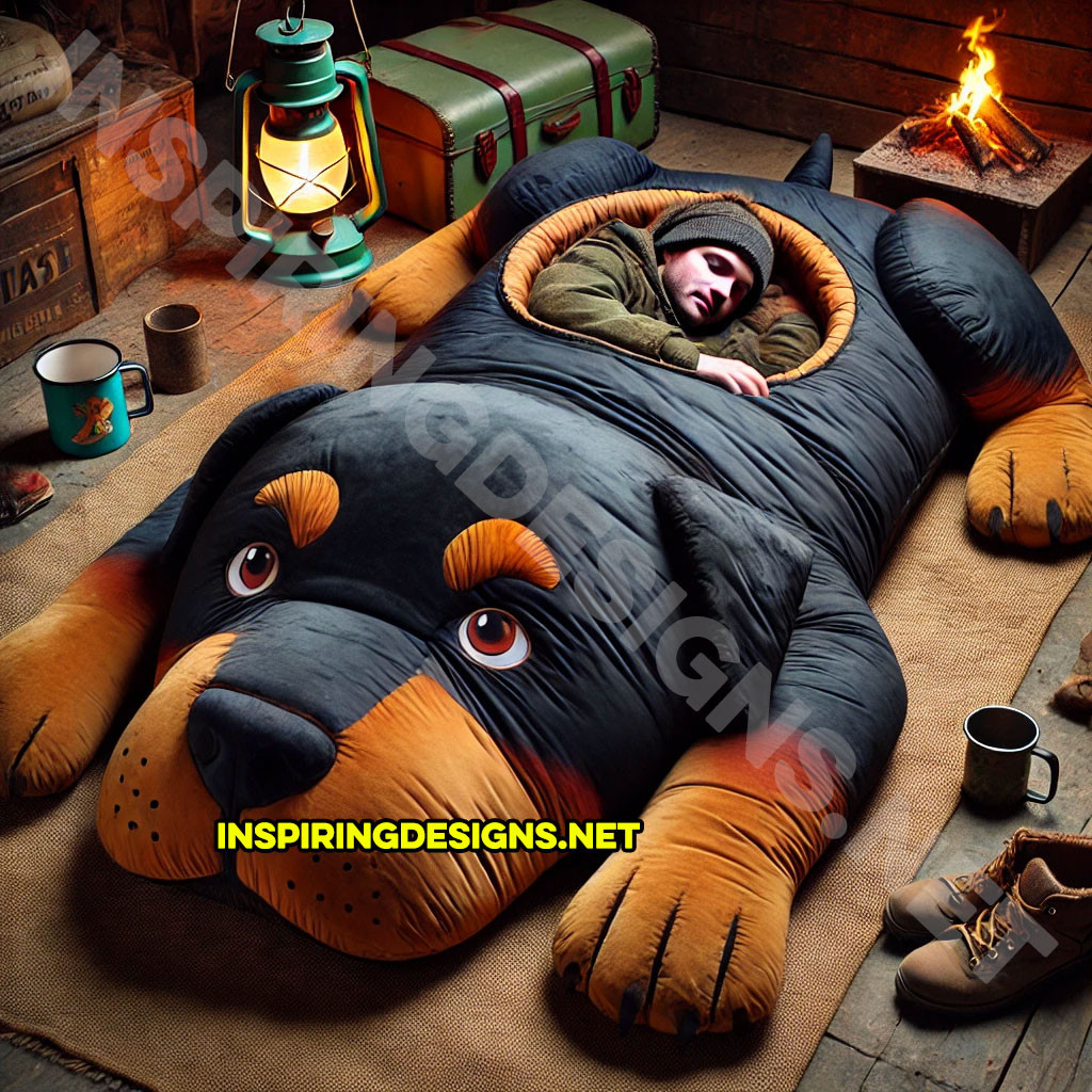 dog shaped sleeping bag in a Rottweiler design