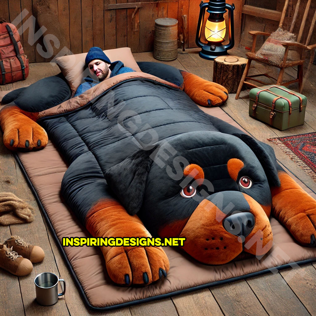 dog shaped sleeping bag in a Rottweiler design