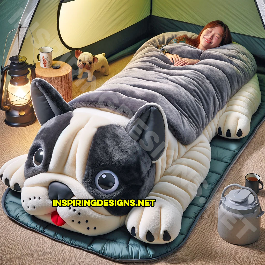 dog shaped sleeping bag in a French Bulldog design