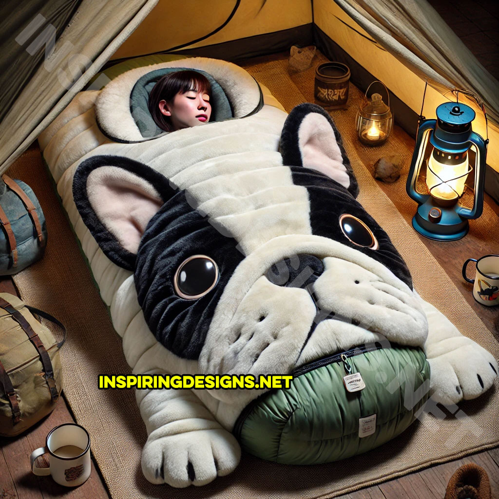 dog shaped sleeping bag in an English Bulldog design