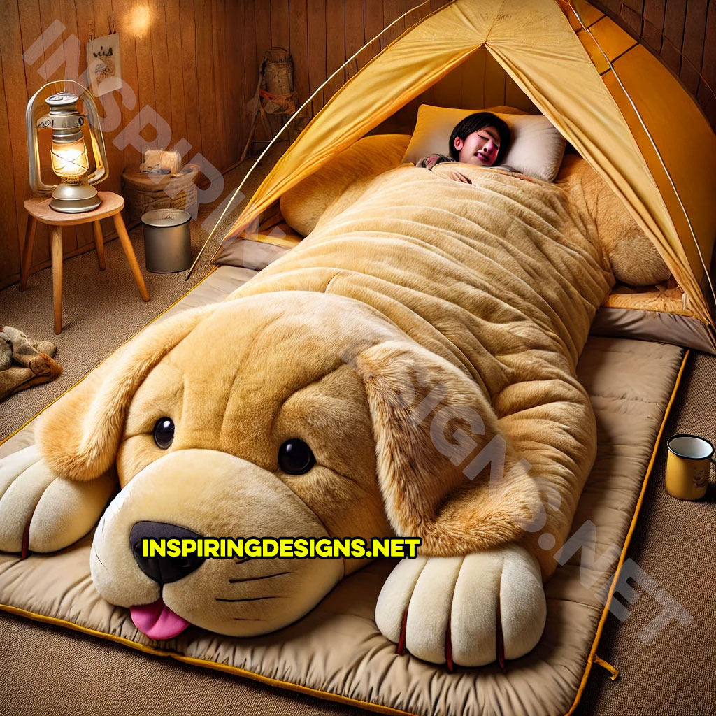 dog shaped sleeping bag in a Golden Retriever design