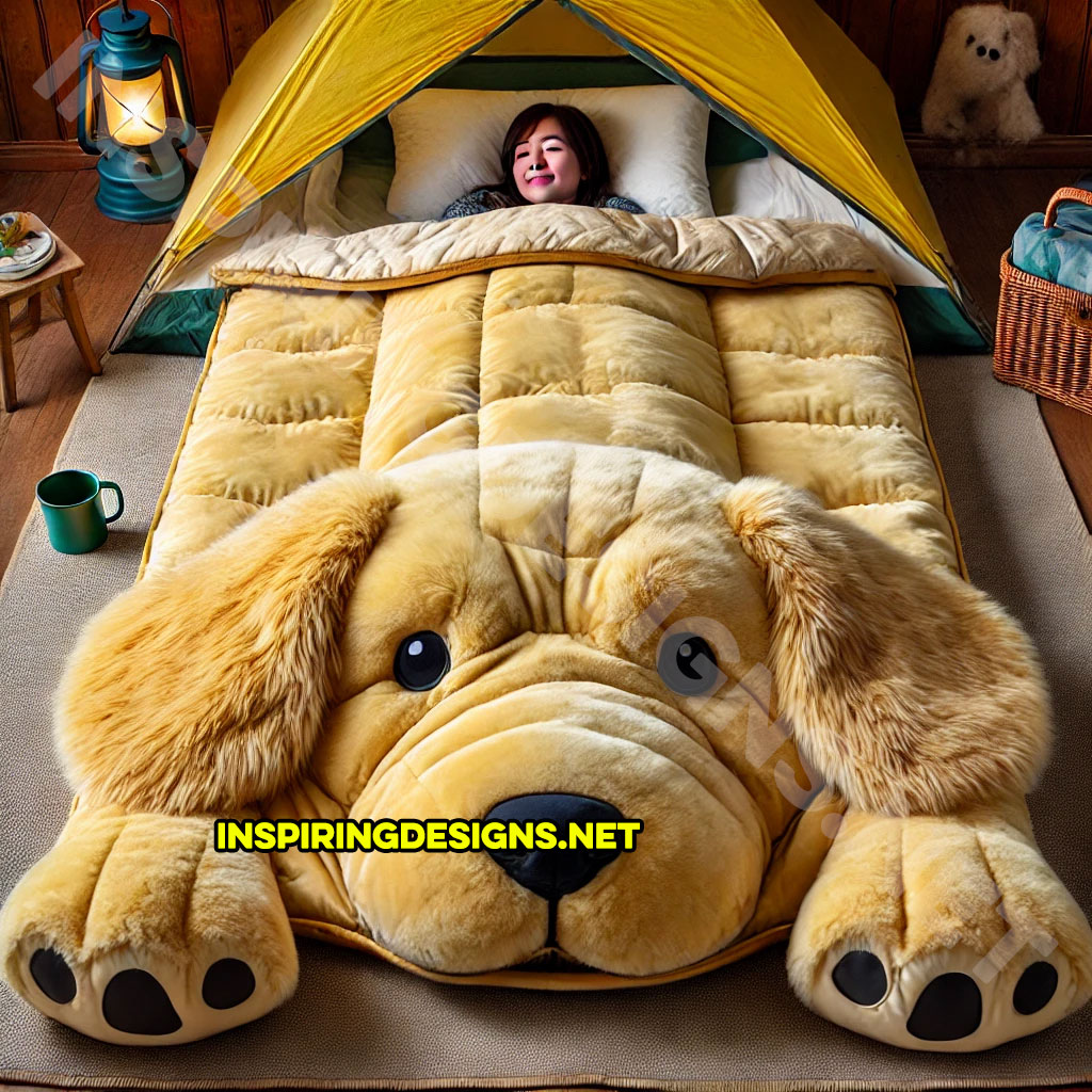 dog shaped sleeping bag in a golden retriever design