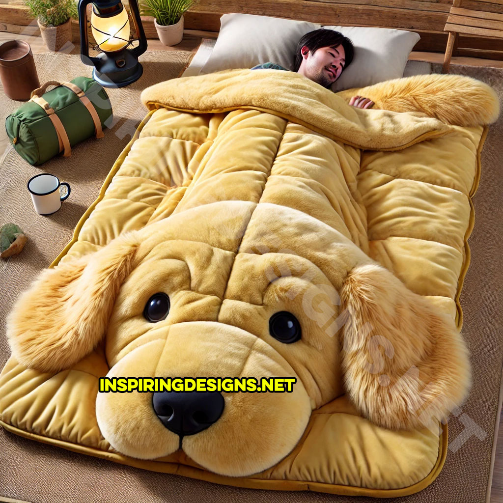 dog shaped sleeping bag in a golden retriever design