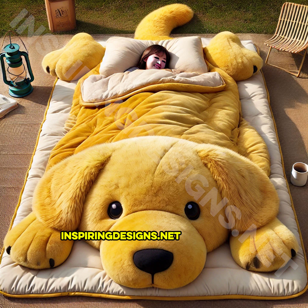 dog shaped sleeping bag in a golden retriever design