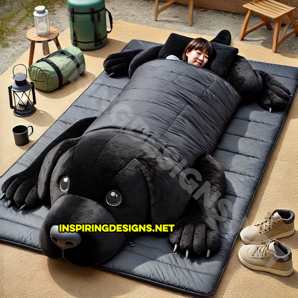 dog shaped sleeping bag in a black Labrador design