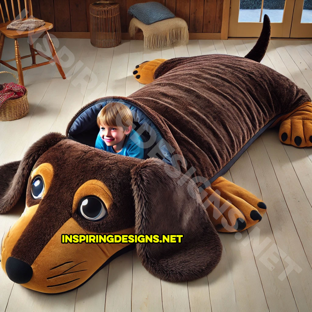 dog shaped sleeping bag in a Dachshund design