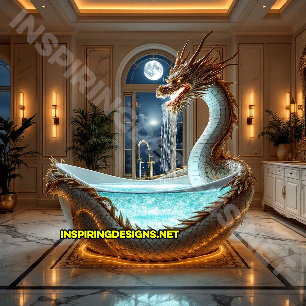 dragon bathtub in a white and gold color