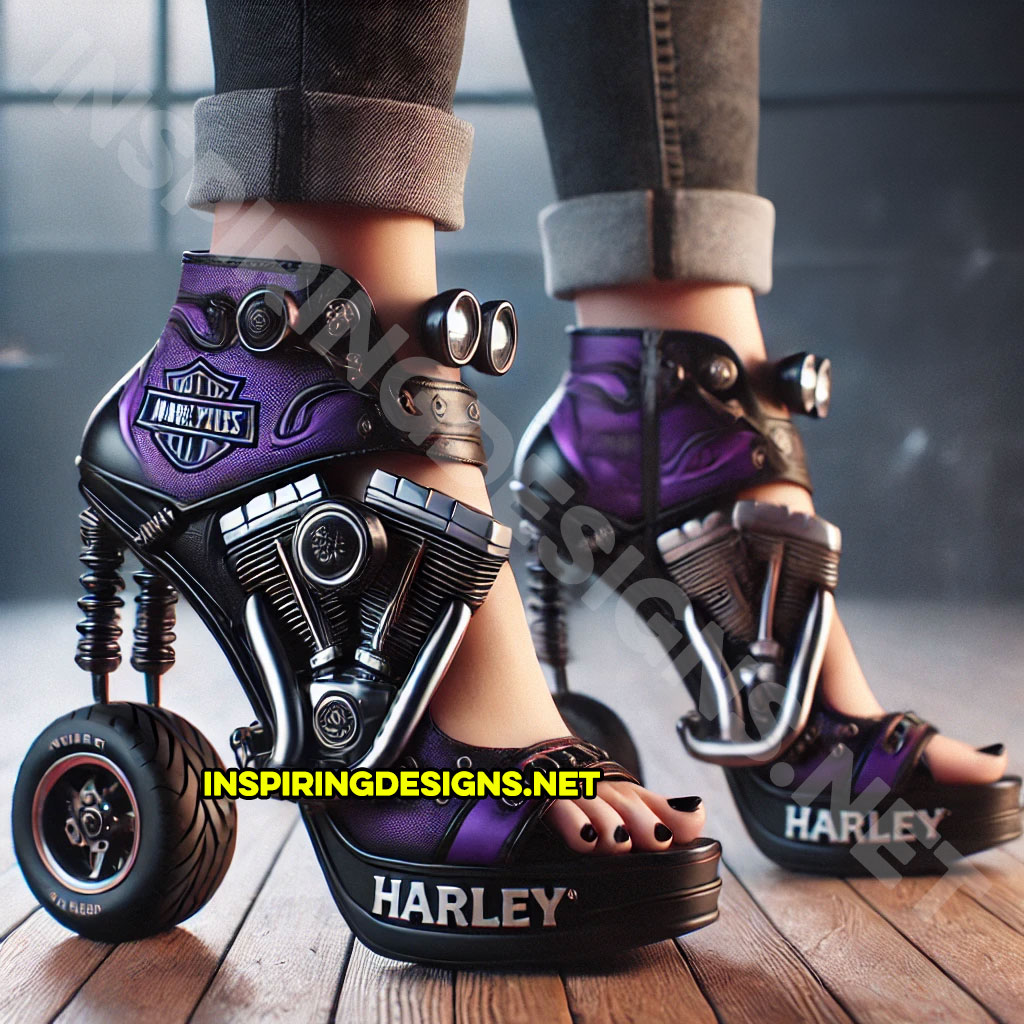 set of Harley heels in purple and black color