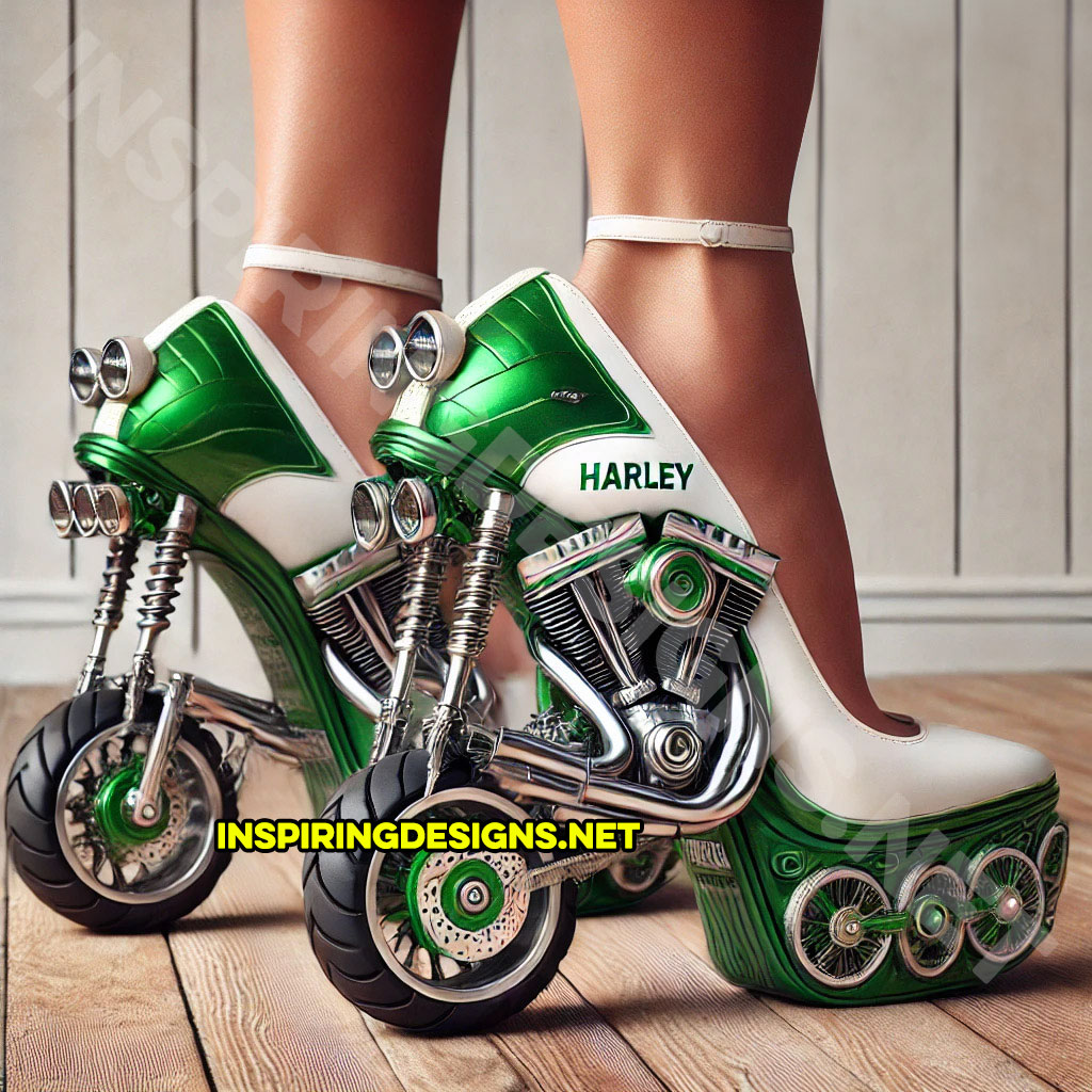 set of Harley heels in green and white color