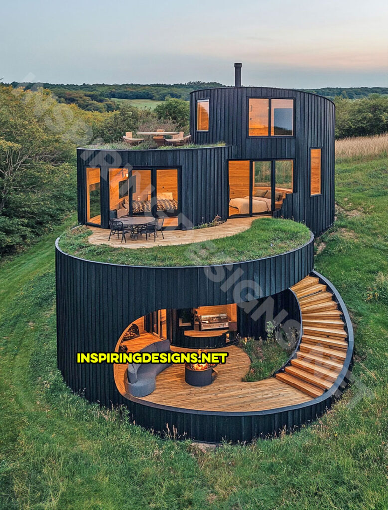 tiered tiny home in a modern black design