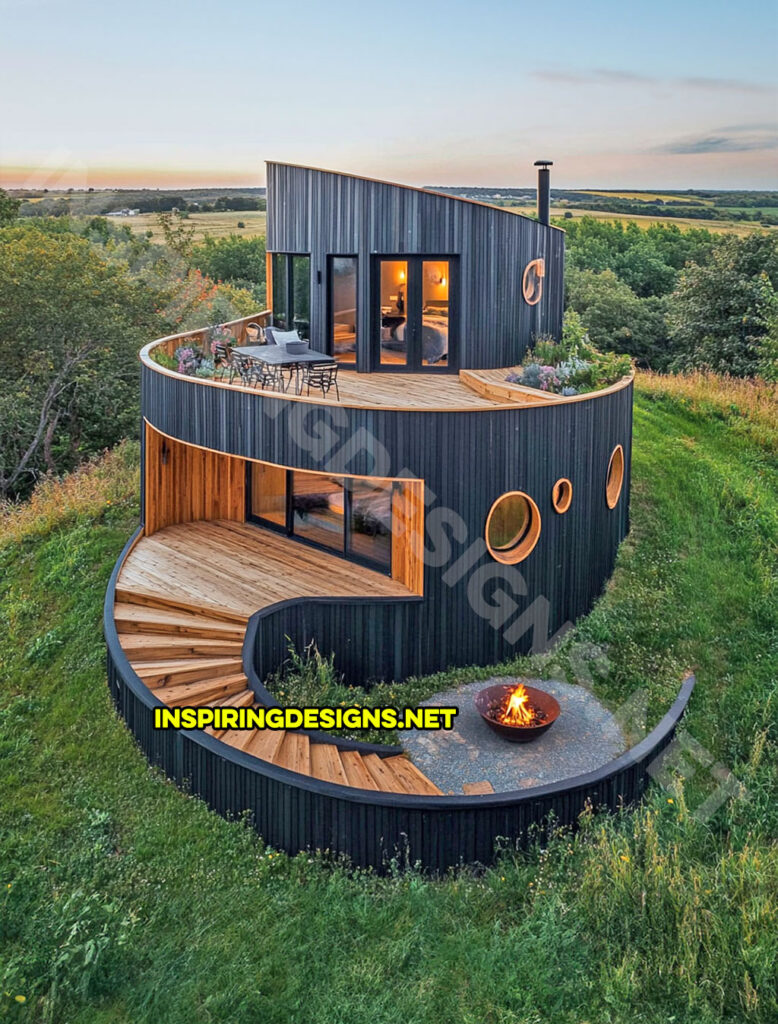 tiered tiny home in a modern black and wood design