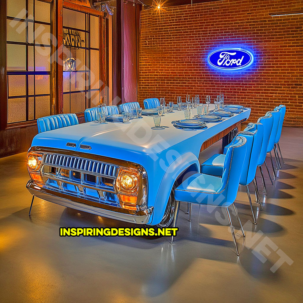 classic car dining table in a light blue classic Ford F100 design