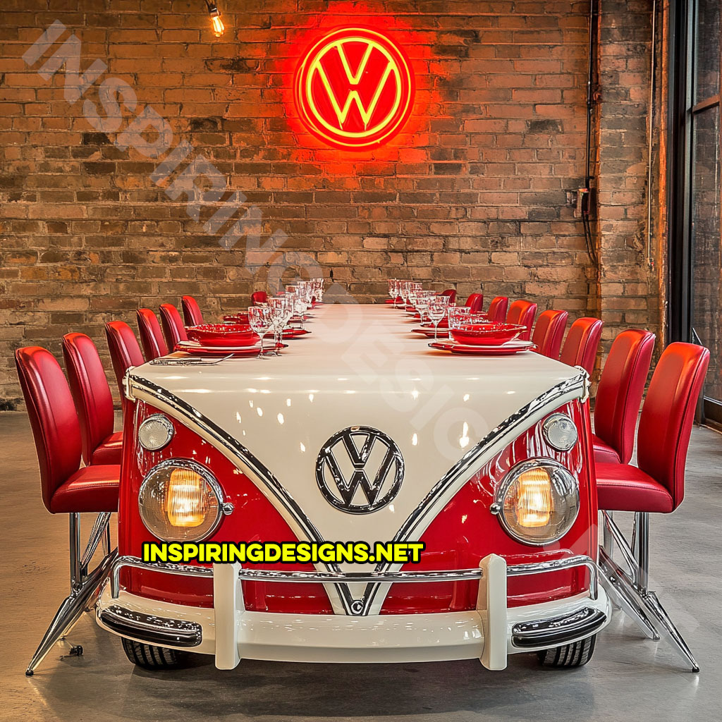 classic car dining table in a red and white Volkswagen Type 2 Bus design