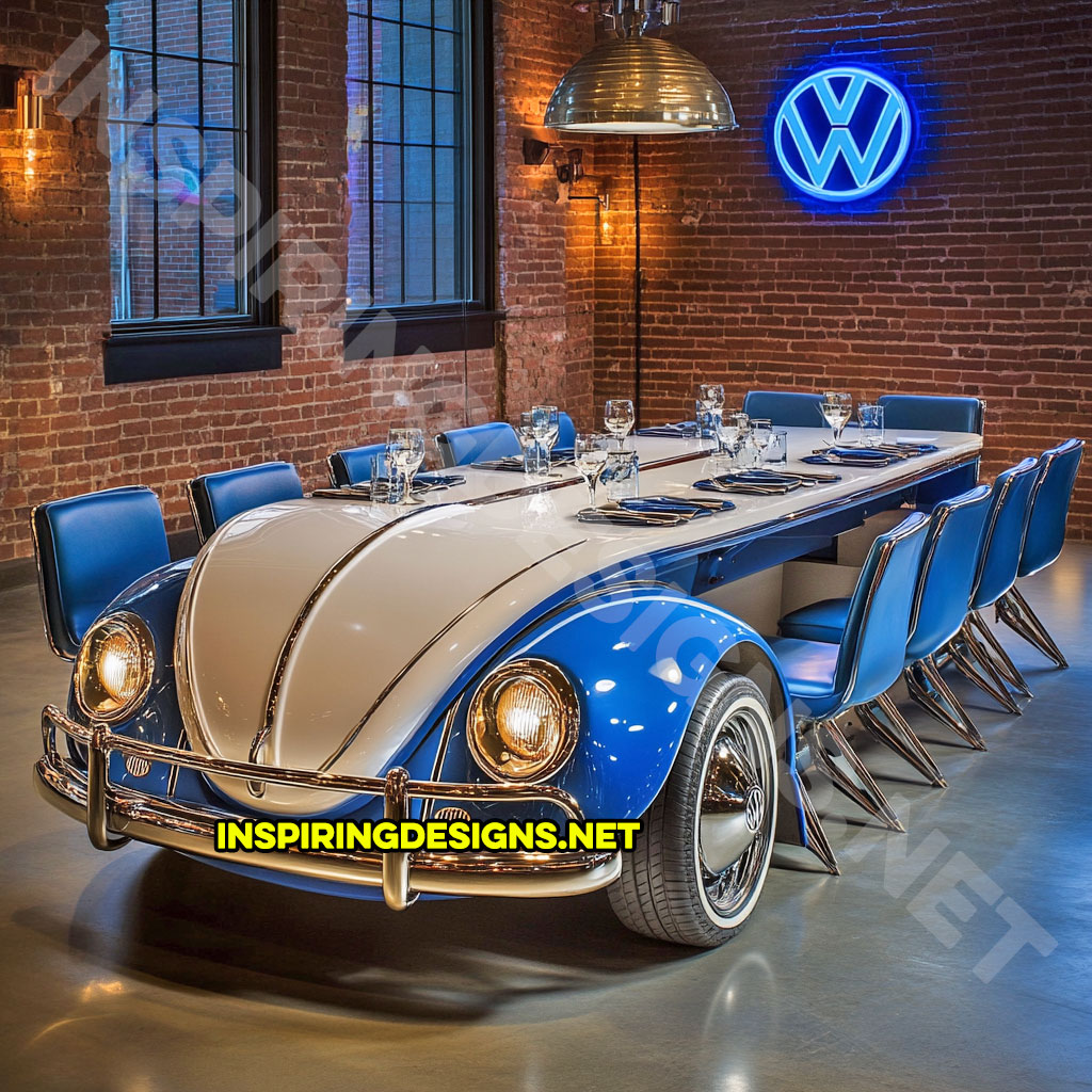 classic car dining table in a blue Volkswagen Beetle design