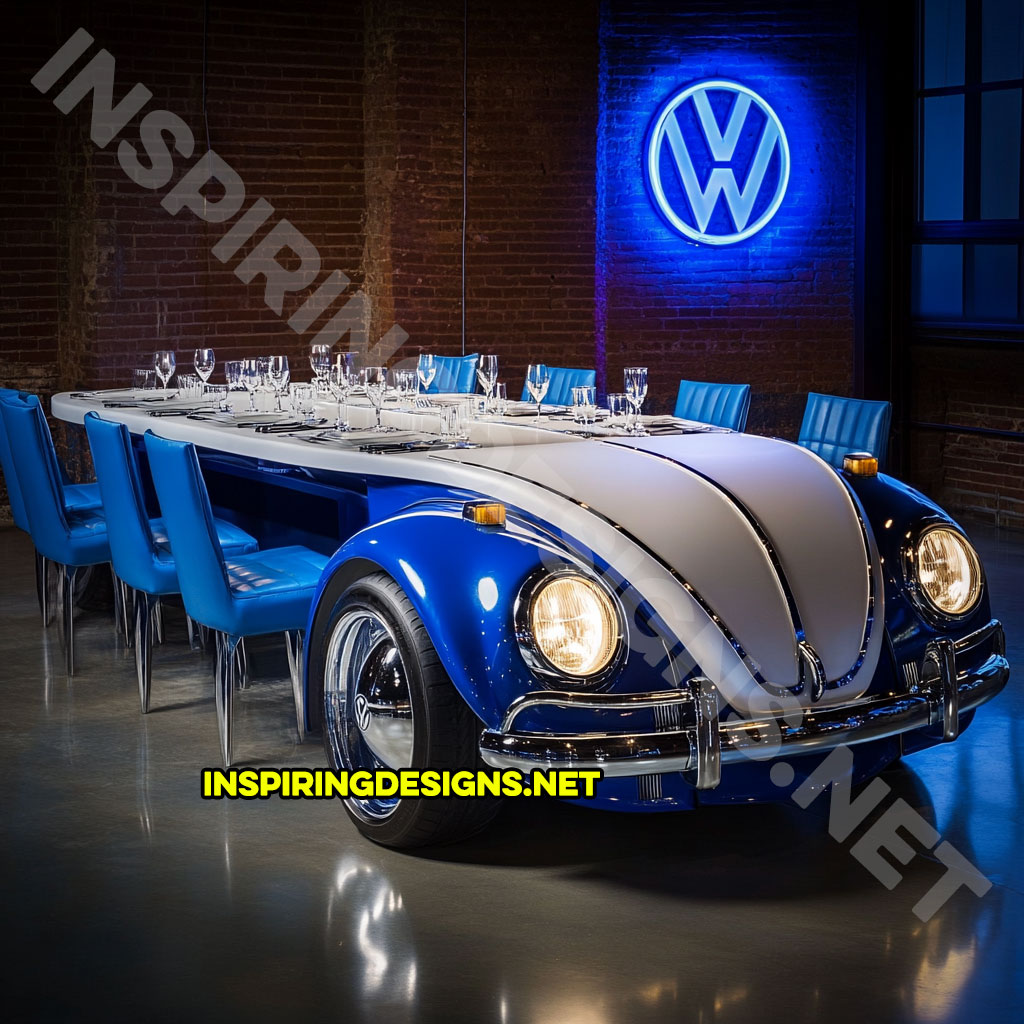 classic car dining table in a blue Volkswagen Beetle design