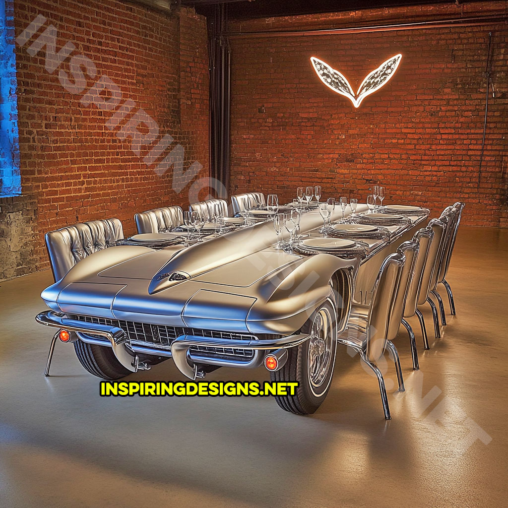 classic car dining table in a silver 1963 Chevrolet Corvette Sting Ray Split-Window Coupe design