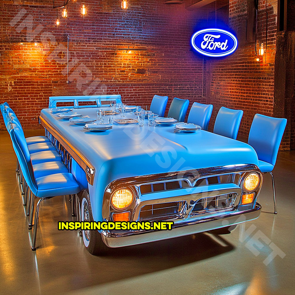 classic car dining table in a light blue classic Ford F100 design