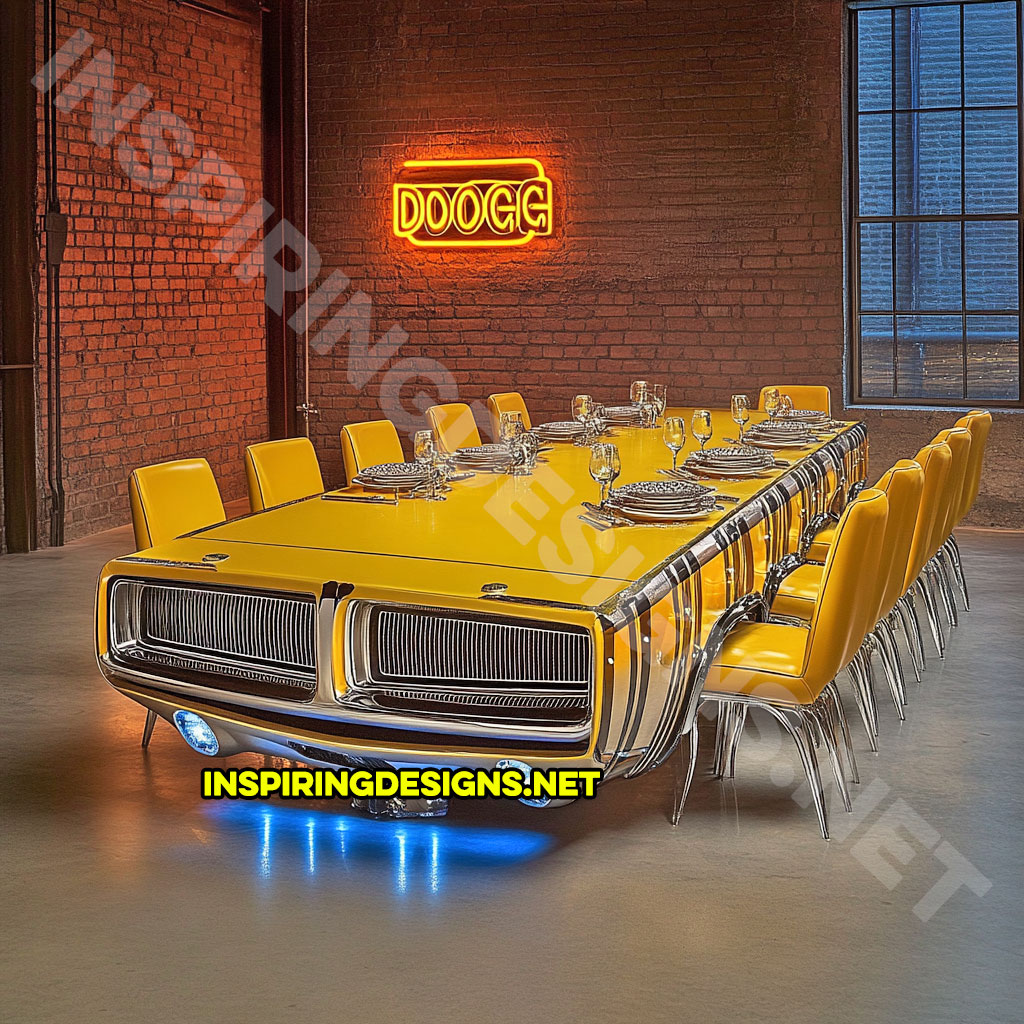 classic car dining table in a yellow 1969 Dodge Charger R/T design