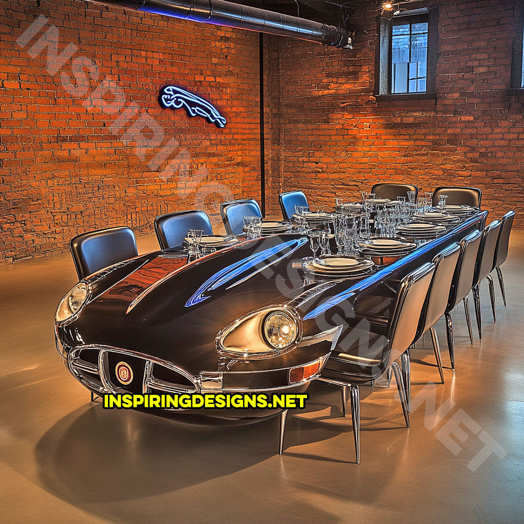 classic car dining table in a black 1961 Jaguar E-Type design