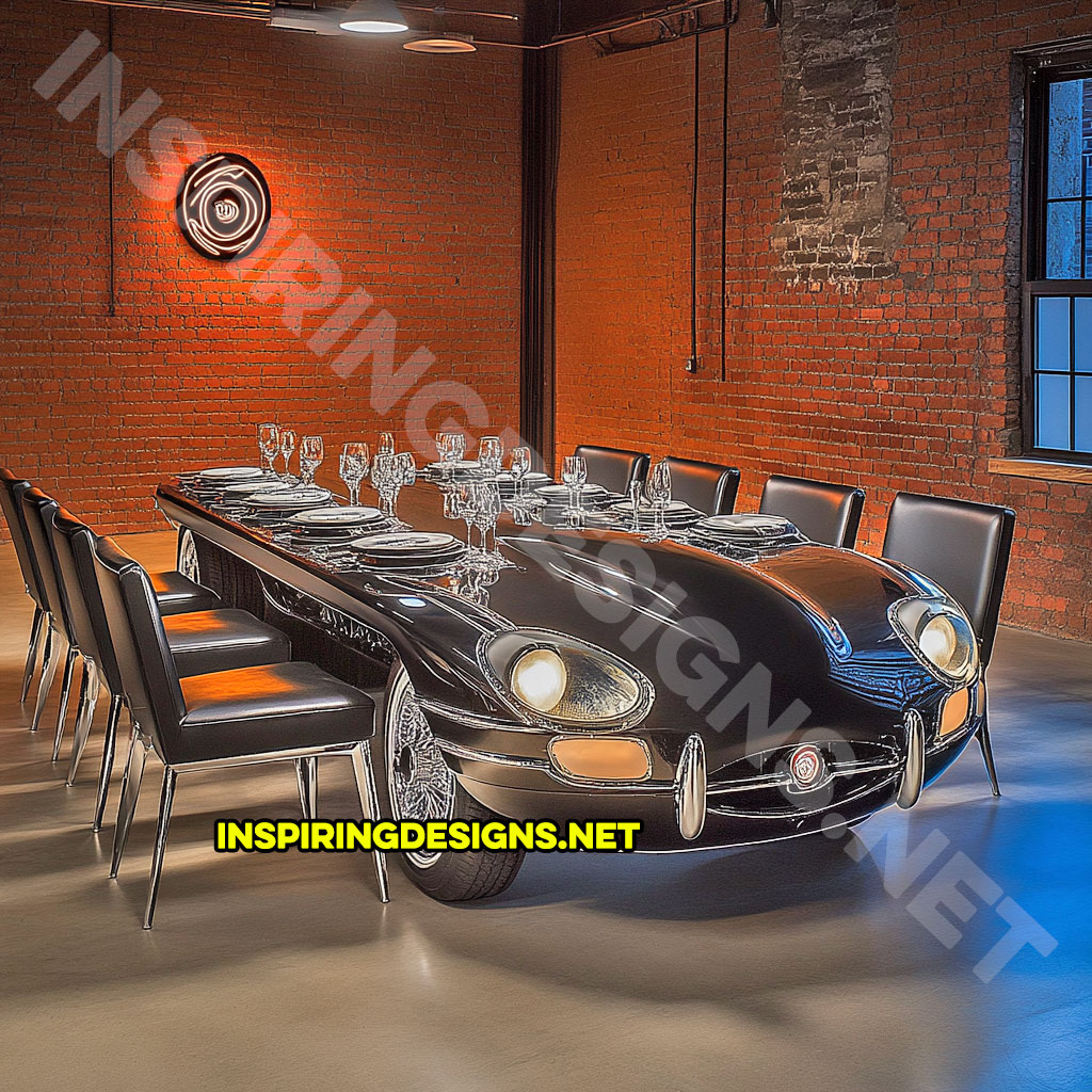 classic car dining table in a black 1961 Jaguar E-Type design