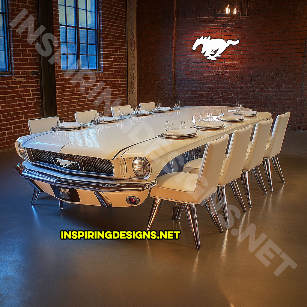 classic car dining table in a white retro Ford Mustang design