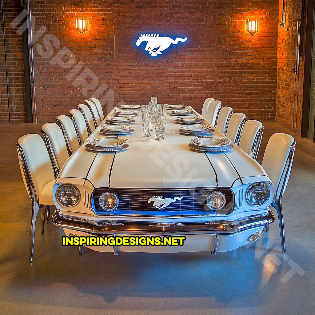 classic car dining table in a white retro Ford Mustang design