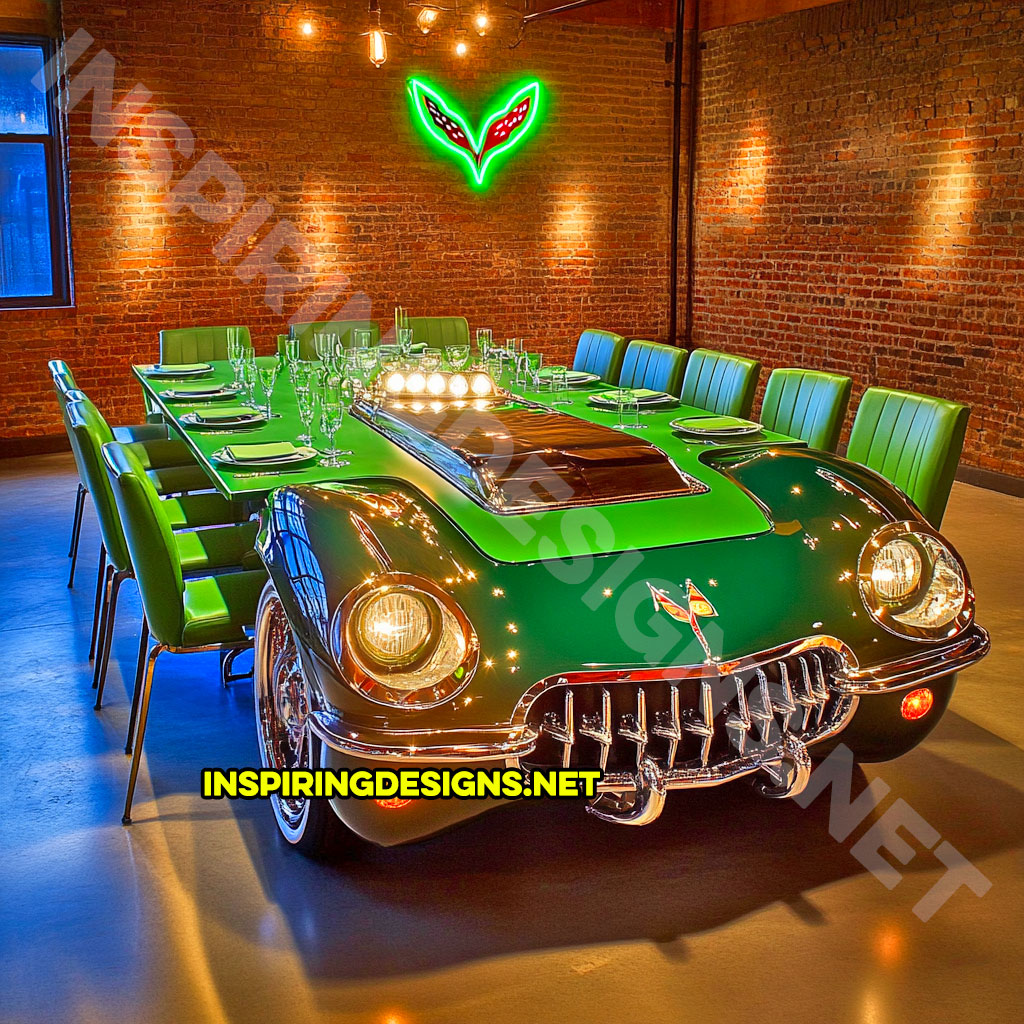 classic car dining table in a green vintage corvette design