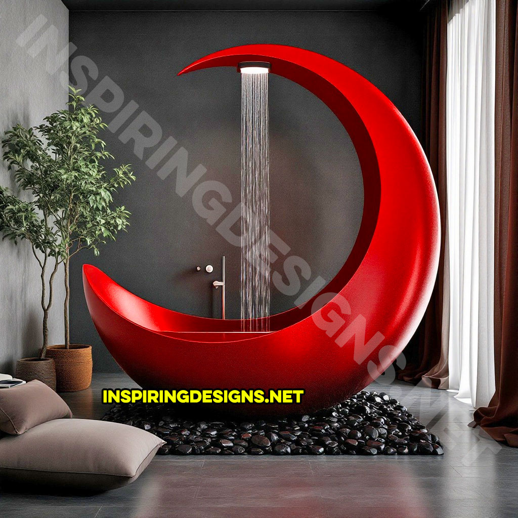 crescent moon bathtub in a bright red color design with a shower feature