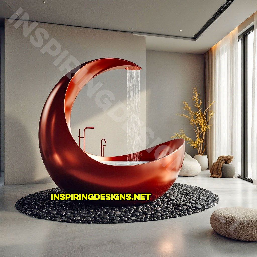 crescent moon bathtub in a red color design with a shower feature