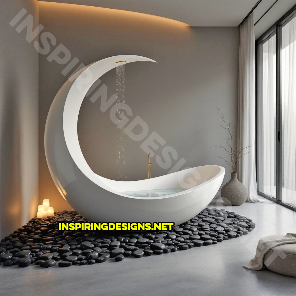 crescent moon bathtub in a white color design with a shower feature