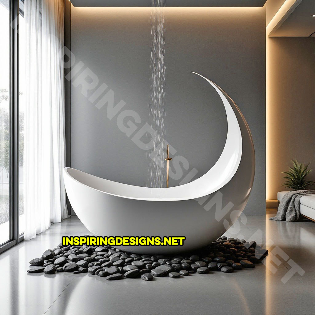 crescent moon bathtub in a white color design with a shower feature