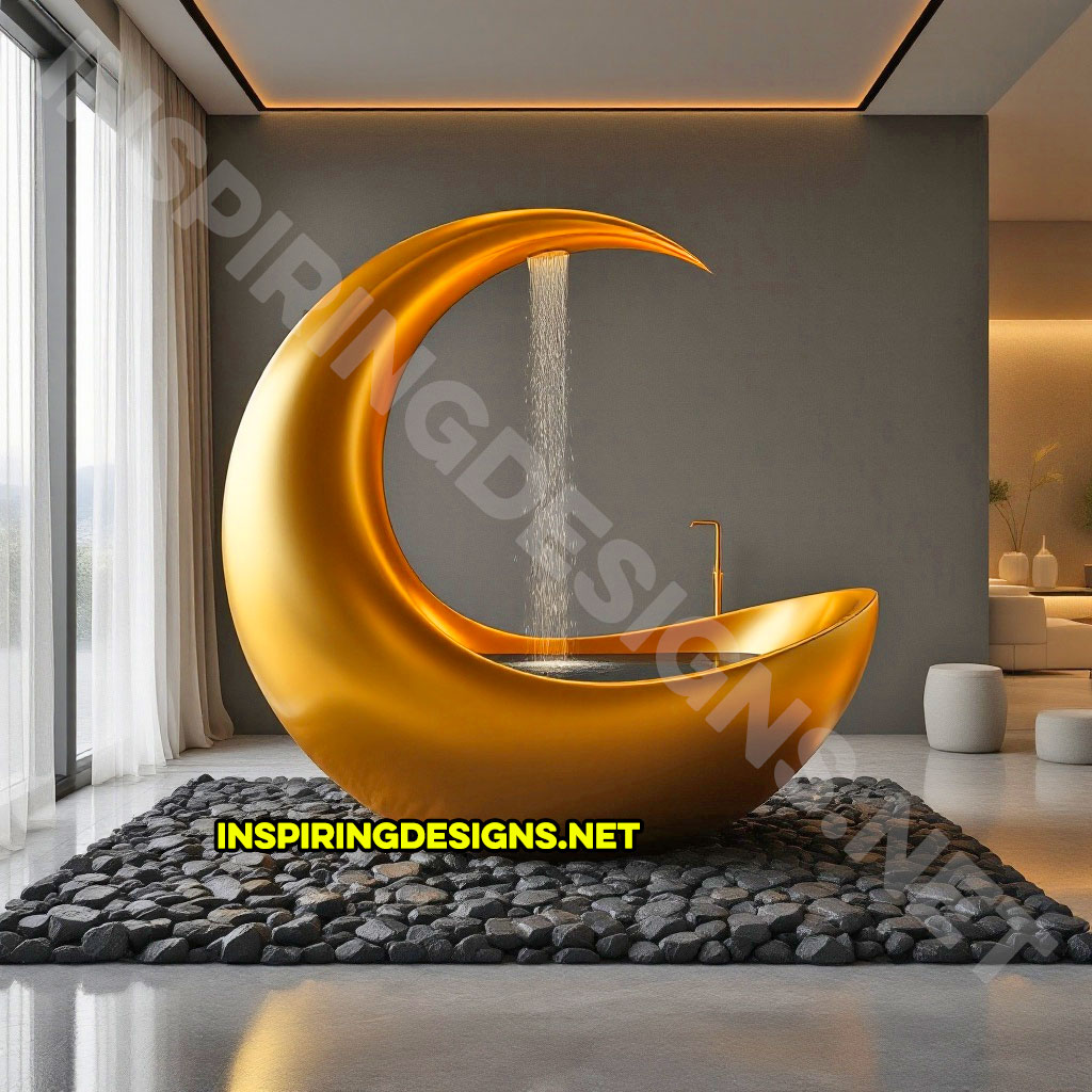 crescent moon bathtub in a gold color design with a shower feature