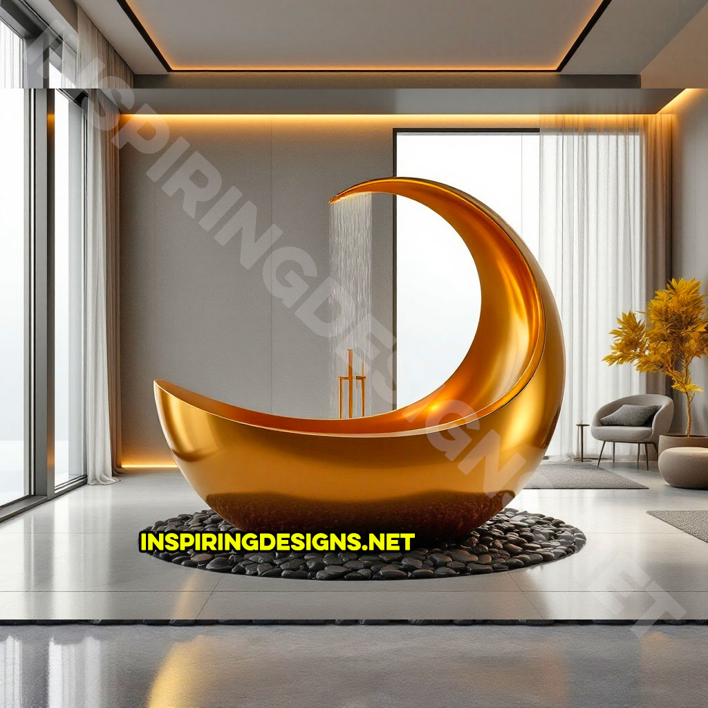 crescent moon bathtub in a gold color design with a shower feature