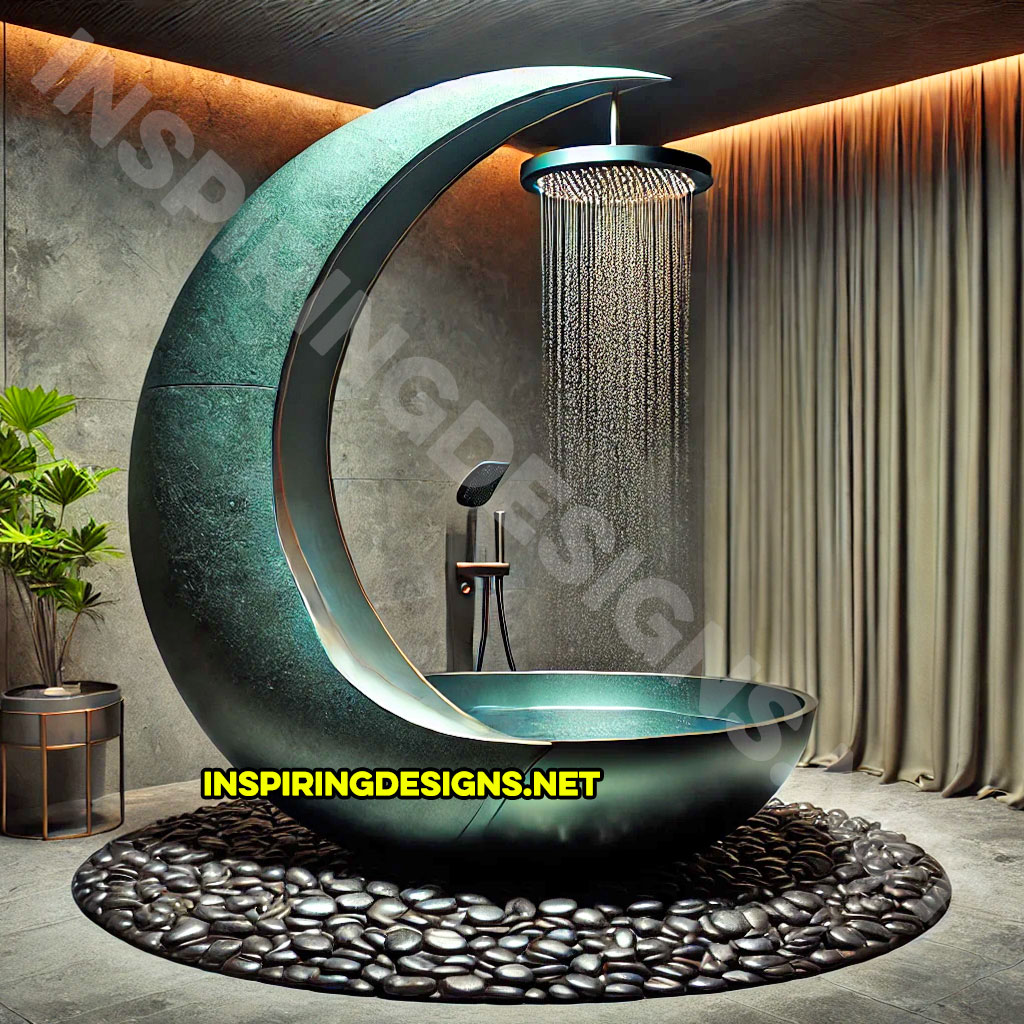 crescent moon bathtub in a textured green color design with a shower feature