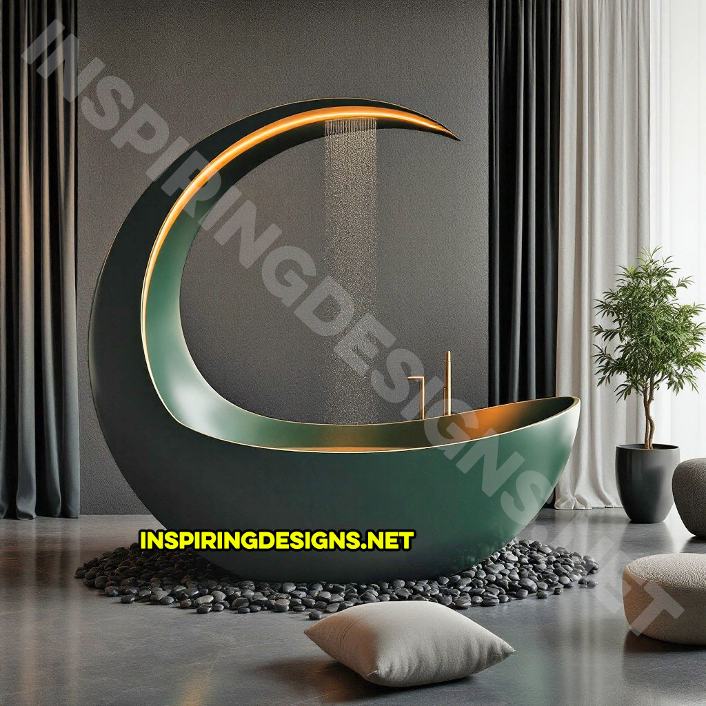 crescent moon bathtub in a dark green color design with a shower feature and lighting